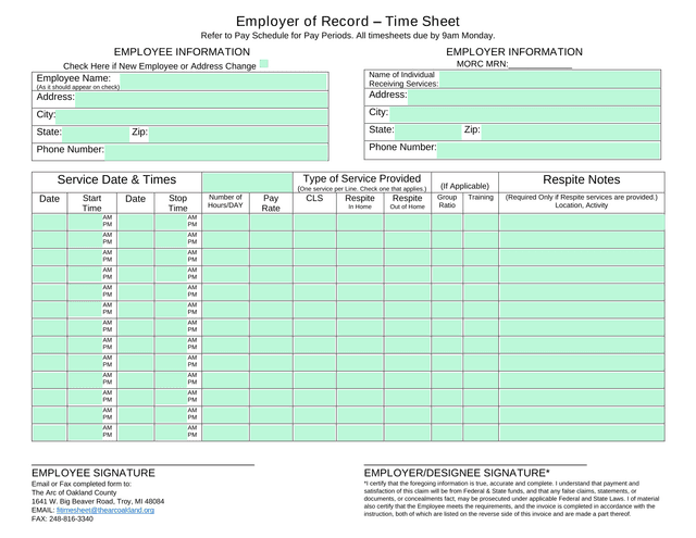 Employer Of Record  Time Sheet screenshot