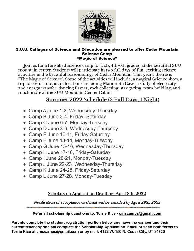 Cedar Mountain Science Camp Scholarship Application screenshot