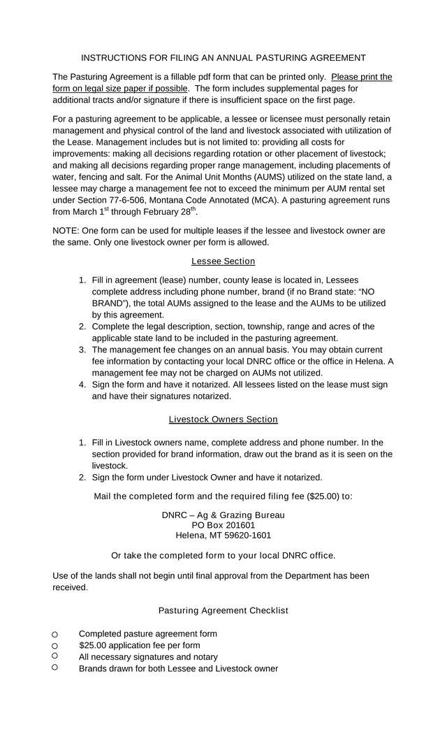 Annual Pasturing Agreement screenshot