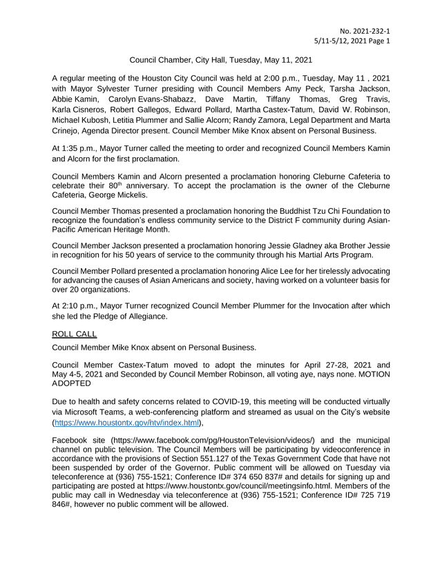 Houston City Council Meeting Minutes screenshot