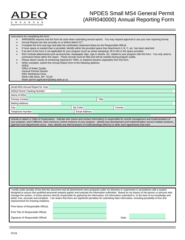 NPDES Small MS4 General Permit (ARR040000) Annual Reporting Form screenshot