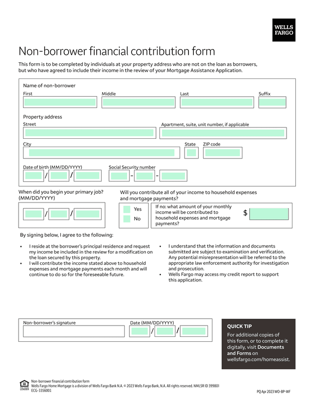 Non Borrower Financial Contribution Form screenshot