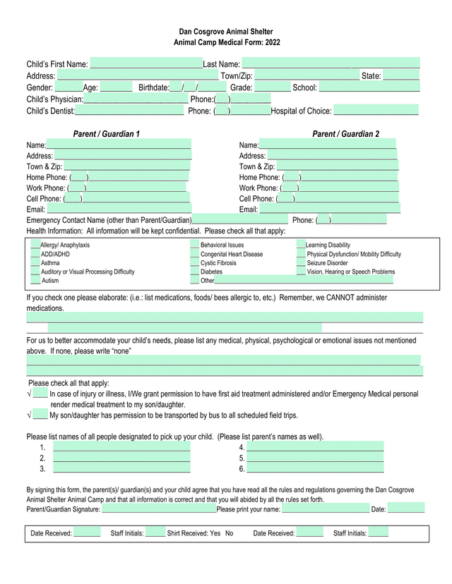 Dan Cosgrove Animal Shelter Animal Camp Medical Form 2022 screenshot