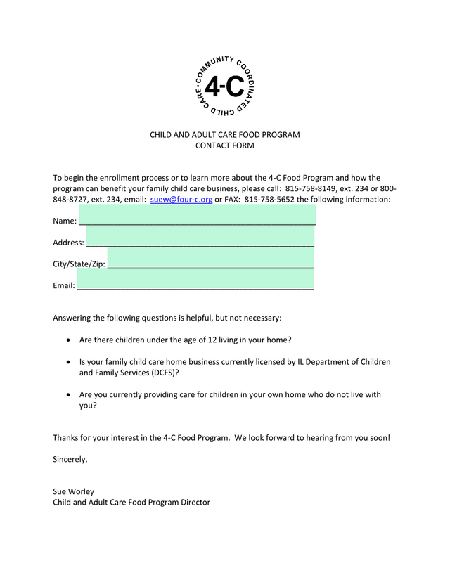 Child And Adult Care Food Program Contact Form screenshot