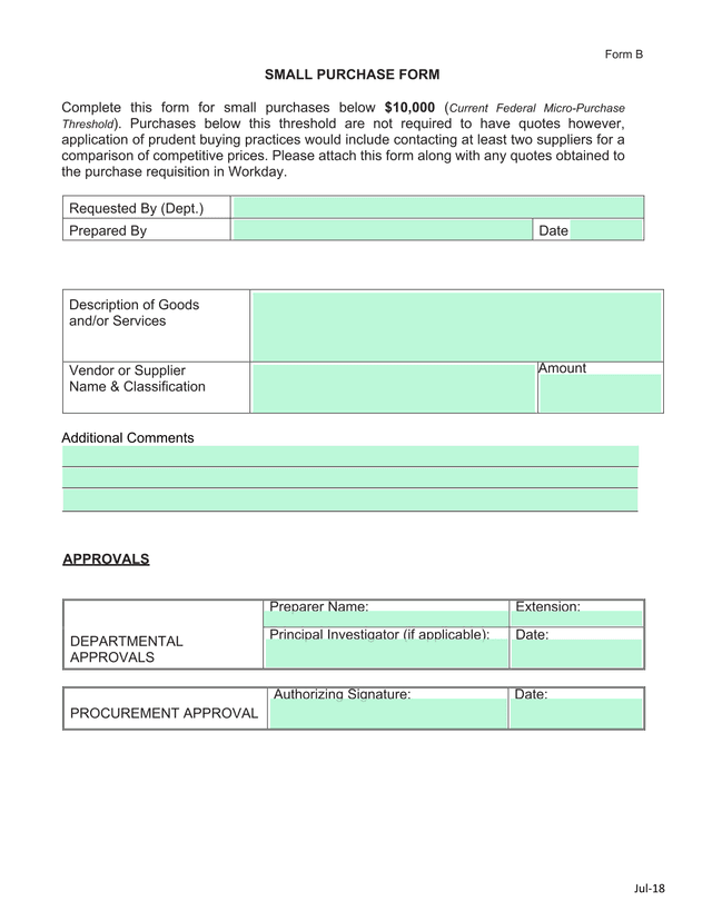 Form B   SMALL PURCHASE FORM screenshot