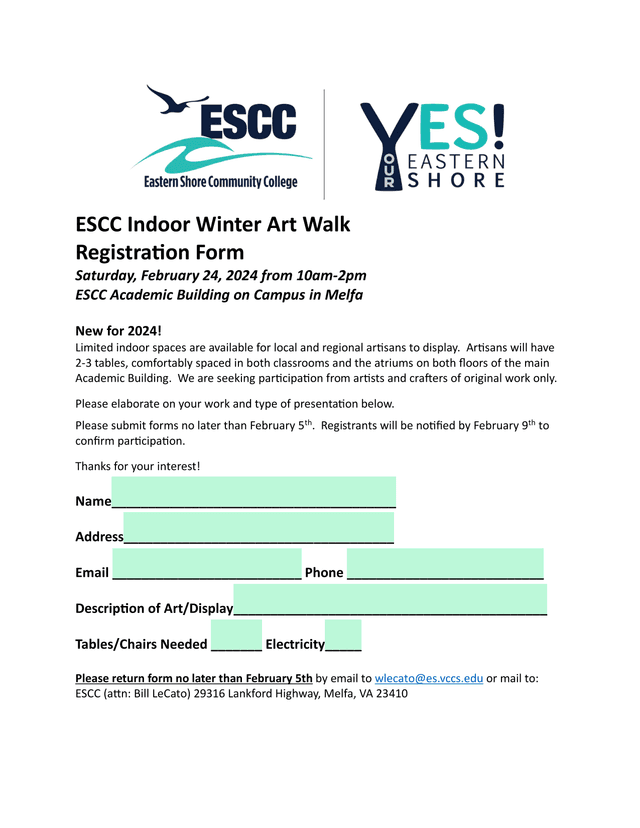 ESCC Indoor Winter Art Walk Registration Form screenshot