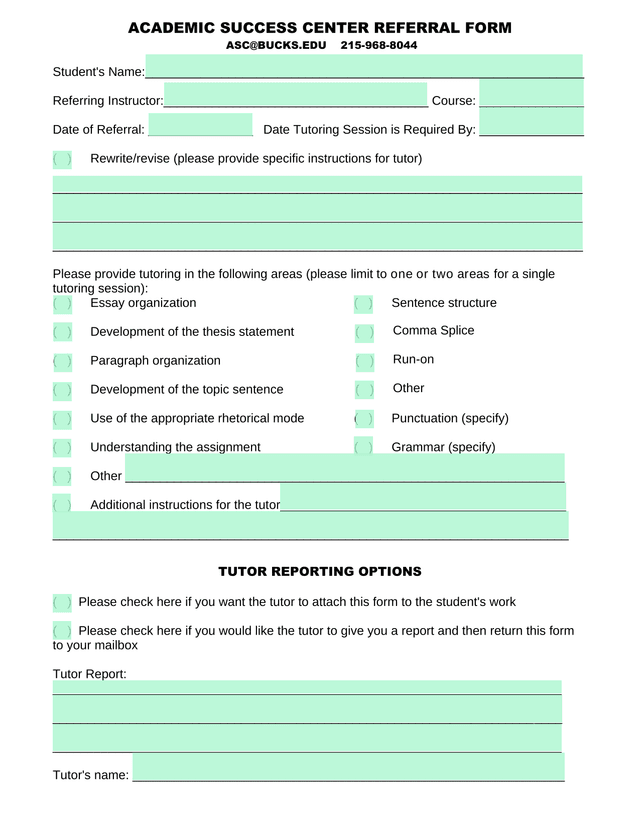 Academic Success Center Referral Form screenshot