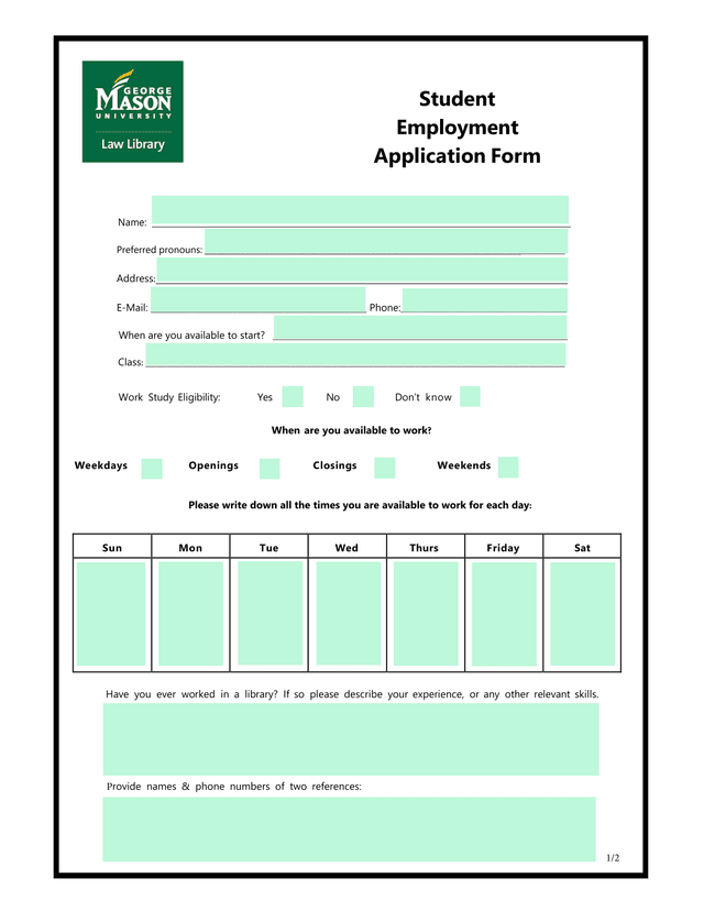 Student Employment Application Form screenshot