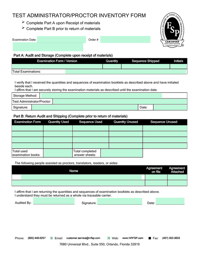 TEST ADMINISTRATORPROCTOR INVENTORY FORM screenshot