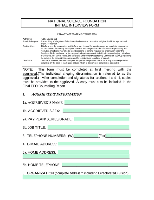 NATIONAL SCIENCE FOUNDATION INITIAL INTERVIEW FORM screenshot