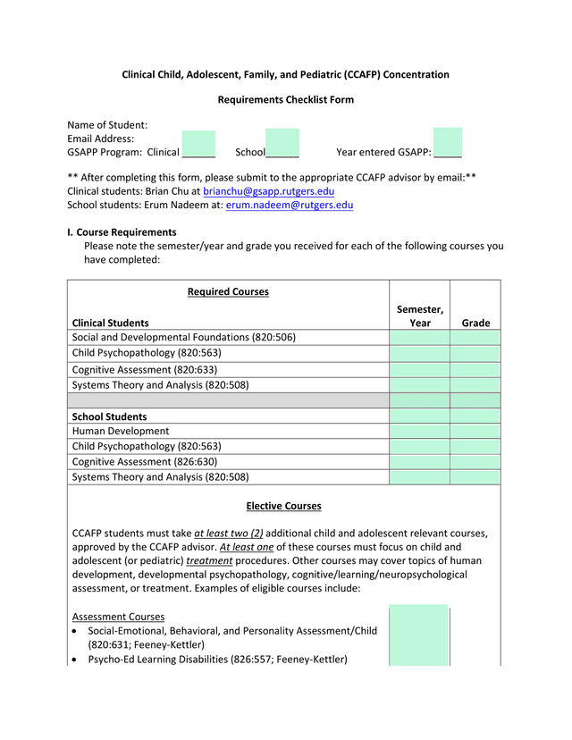 Clinical Child, Adolescent, Family, And Pediatric (CCAFP) Concentration Requirements Checklist Form screenshot