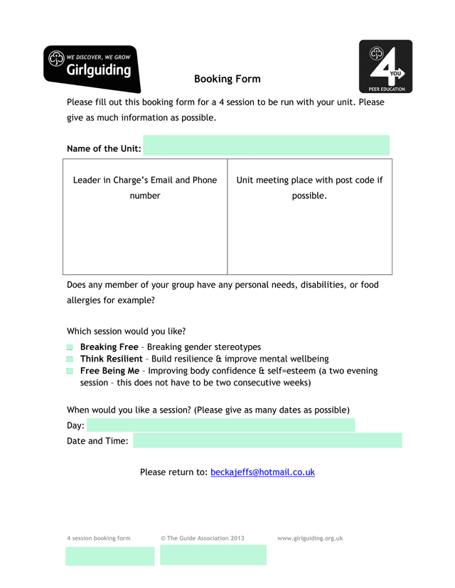 4 Session Booking Form screenshot