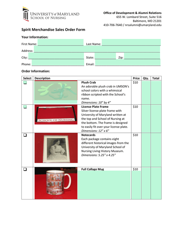 Spirit Merchandise Sales Order Form screenshot