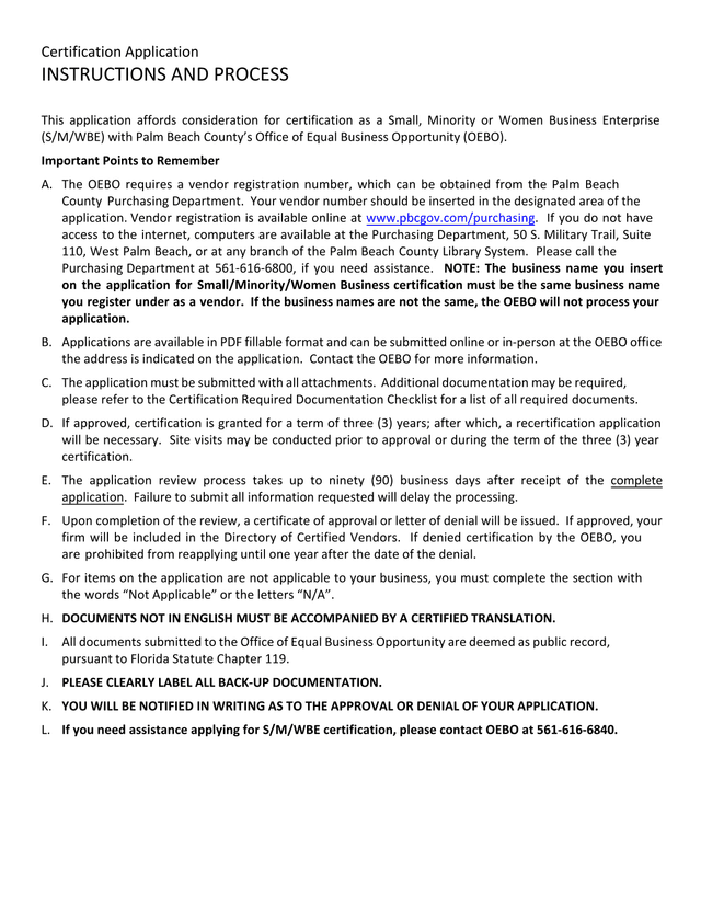 Certification Application For Small, Minority Or Women Business Enterprise screenshot