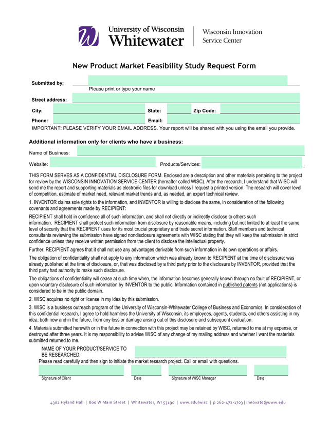 New Product Market Feasibility Study Request Form screenshot