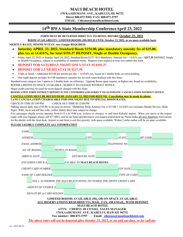 14th BWA State Membership Conference Room Reservation Form screenshot