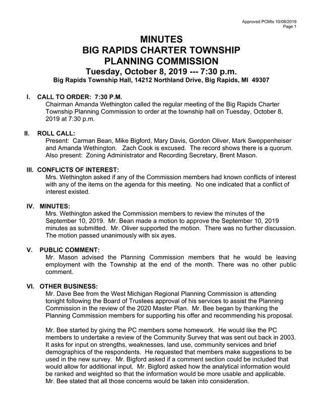 Big Rapids Charter Township Planning Commission Minutes screenshot