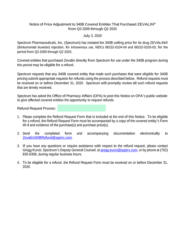Notice Of Price Adjustment To 340B Covered Entities That Purchased ZEVALIN screenshot