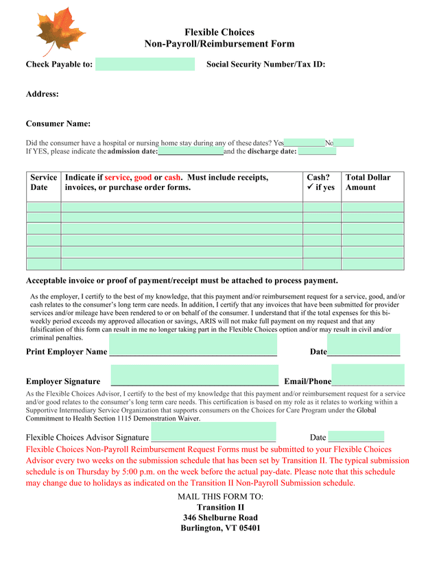 Flexible Choices Non PayrollReimbursement Form screenshot