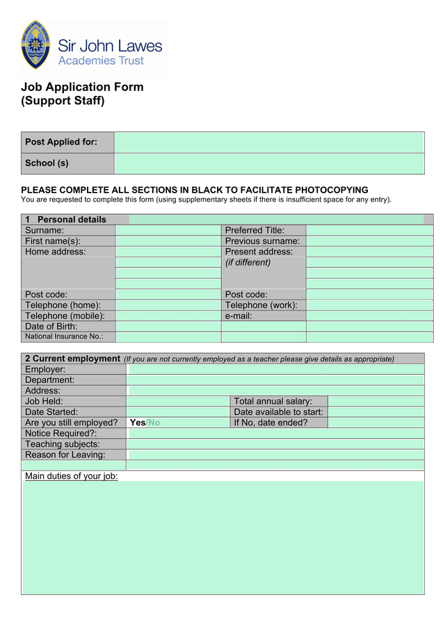 Job Application Form (Support Staff) screenshot