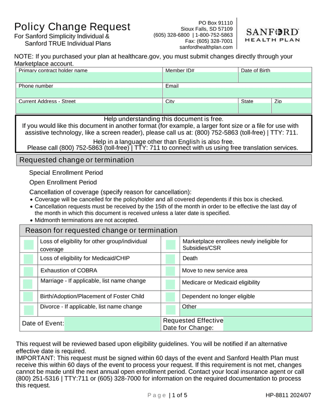Policy Change Request For Sanford Simplicity Individual  Sanford TRUE Individual Plans screenshot