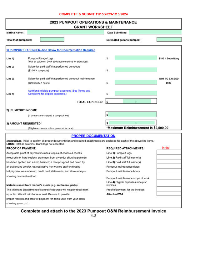 2023 Pumpout Operations  Maintenance Grant Worksheet screenshot