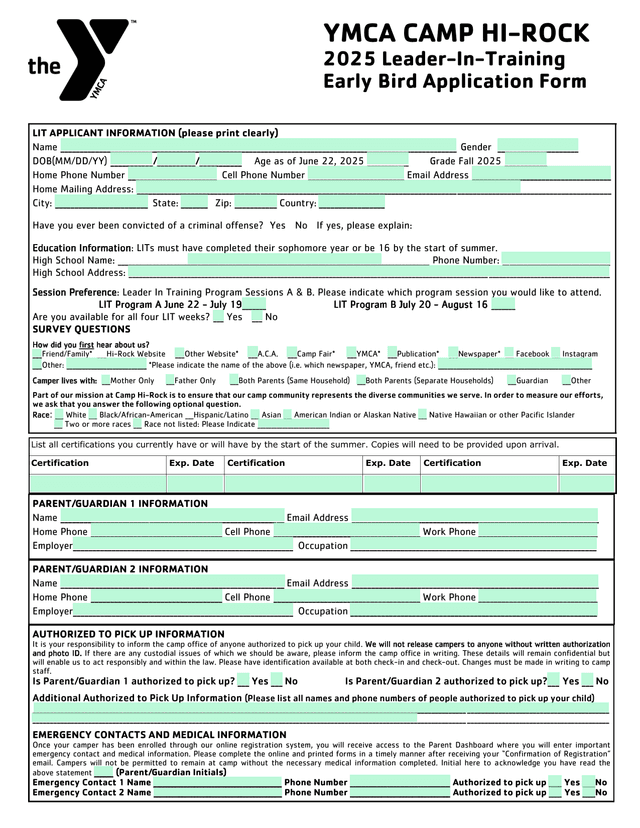 YMCA CAMP HI ROCK 2025 Leader In Training Early Bird Application Form screenshot