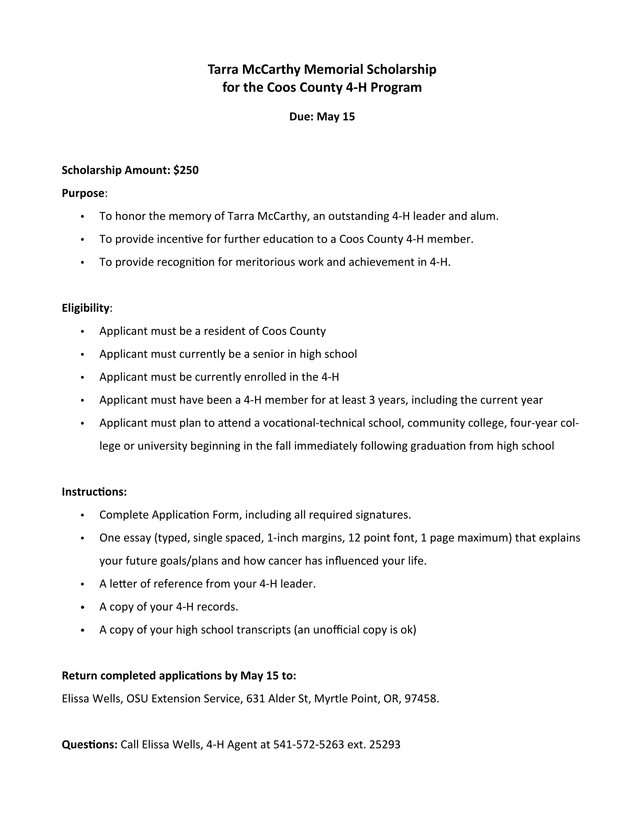 Tarra McCarthy Memorial Scholarship For The Coos County 4 H Program screenshot