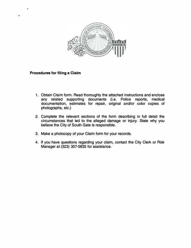 City Of South Gate Liability Claim Form screenshot