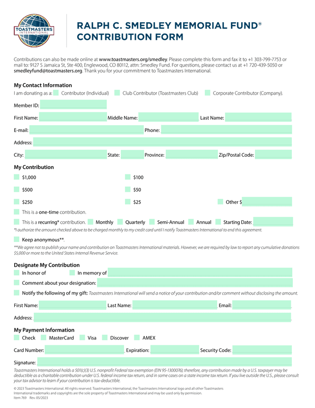 Smedley Fund Contribution Form screenshot