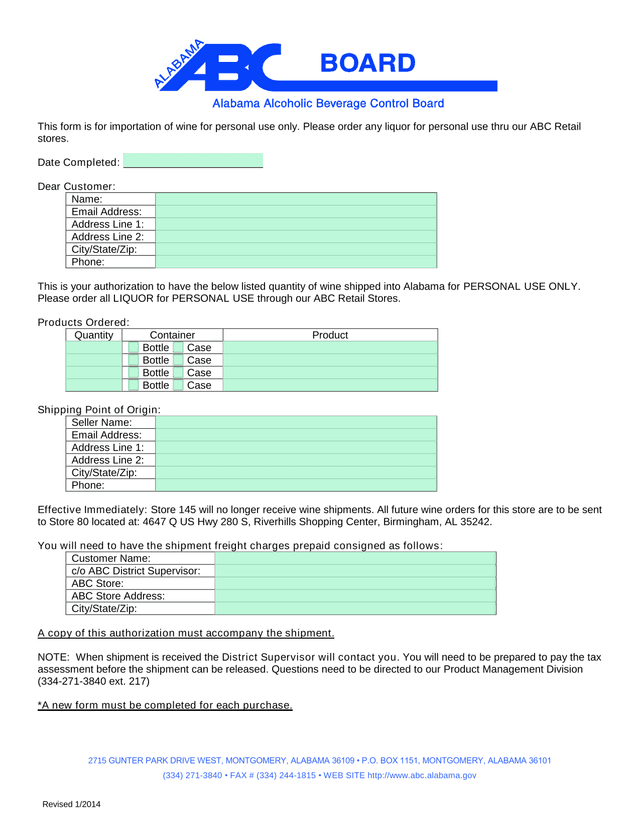 Wine Importation Authorization Form screenshot