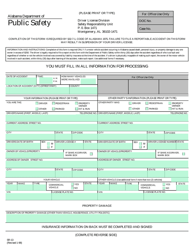 Alabama Department Of Public Safety Motor Vehicle Accident Report screenshot