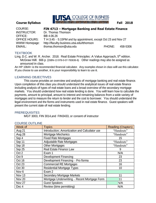 FIN 4713  Mortgage Banking And Real Estate Finance Syllabus screenshot