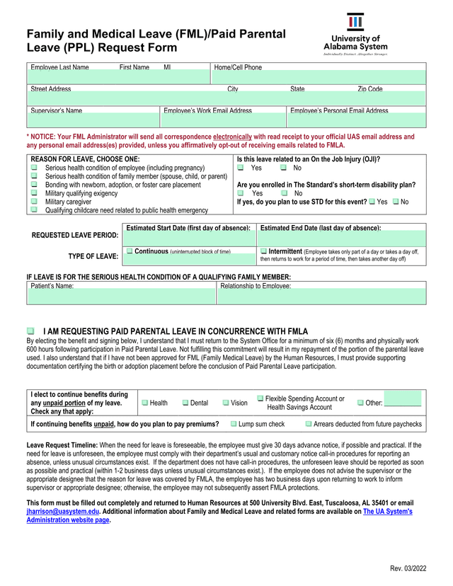Family And Medical Leave (FML)Paid Parental Leave (PPL) Request Form screenshot