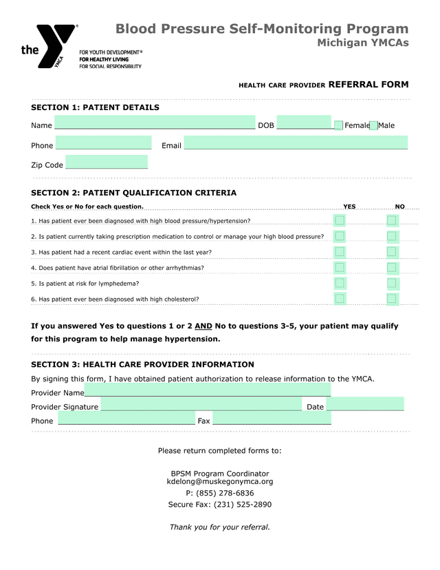 Blood Pressure Self Monitoring Program Health Care Provider Referral Form screenshot