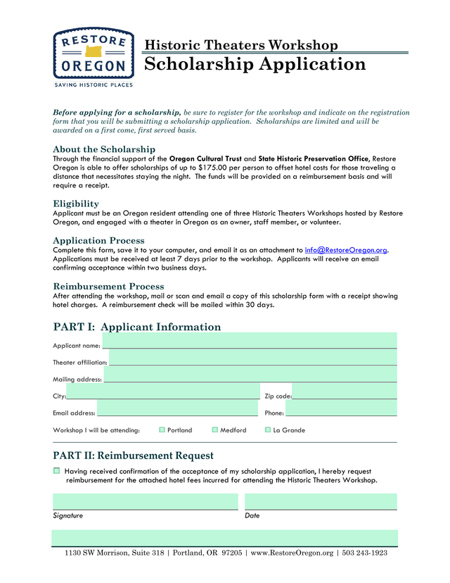 Historic Theaters Workshop Scholarship Application screenshot