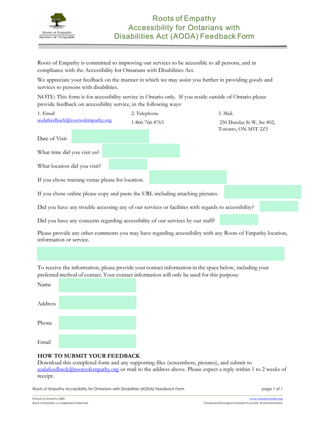 Roots Of Empathy Accessibility For Ontarians With Disabilities Act (AODA) Feedback Form screenshot