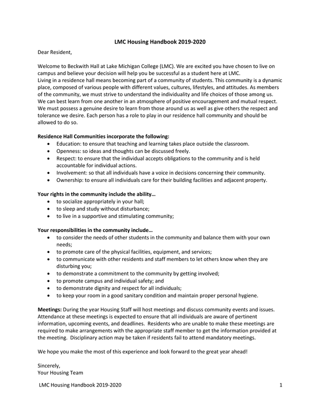 LMC Housing Handbook 2019 2020 screenshot