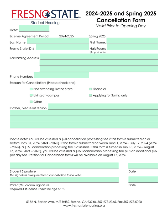 2024 2025 And Spring 2025 Cancellation Form screenshot
