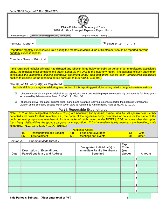 2018 Monthly Principal Expense Report Form screenshot