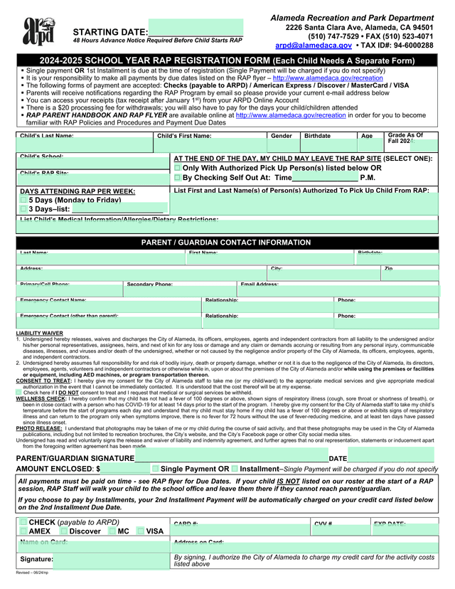 2024 2025 SCHOOL YEAR RAP REGISTRATION FORM screenshot
