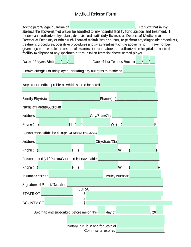 Medical Release Form screenshot