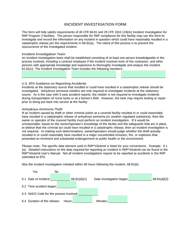 INCIDENT INVESTIGATION FORM screenshot