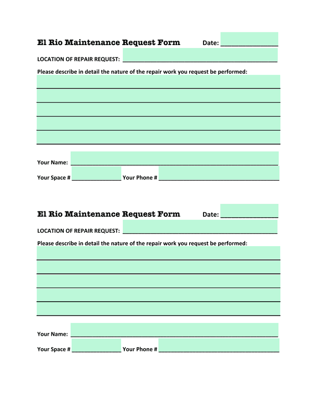 El Rio Maintenance Request Form screenshot