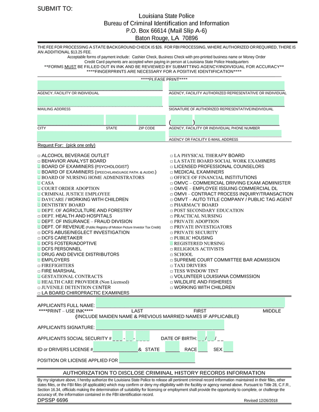 Louisiana State Police Background Check Request Form screenshot