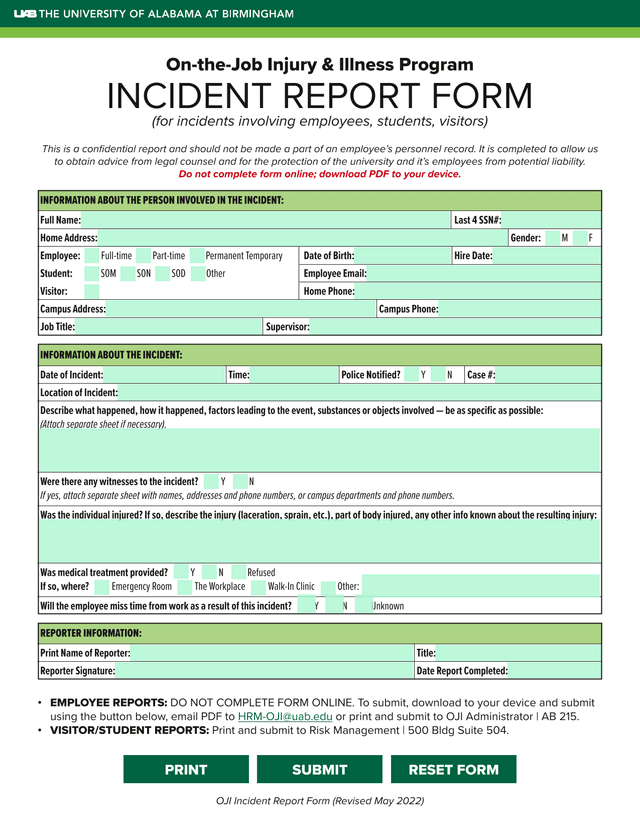 On The Job Injury  Illness Program Incident Report Form screenshot