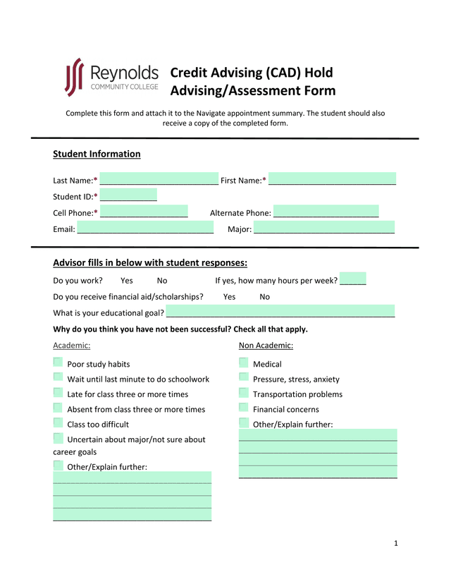 Credit Advising (CAD) Hold AdvisingAssessment Form screenshot