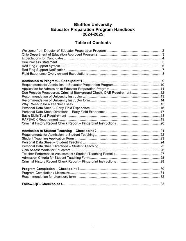 Bluffton University Educator Preparation Program Handbook 2024 2025 screenshot