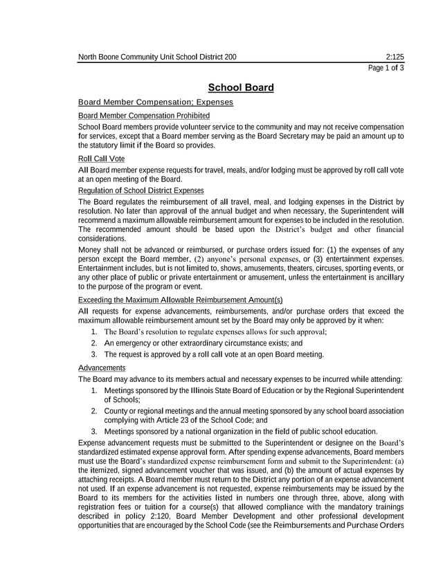 School Board Member Compensation Expenses Policy screenshot
