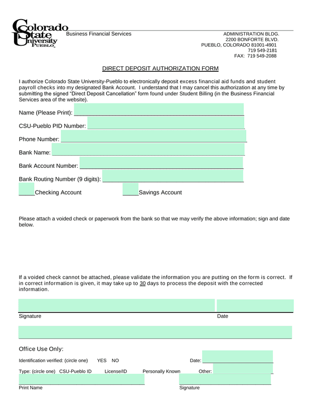 Direct Deposit Authorization Form screenshot